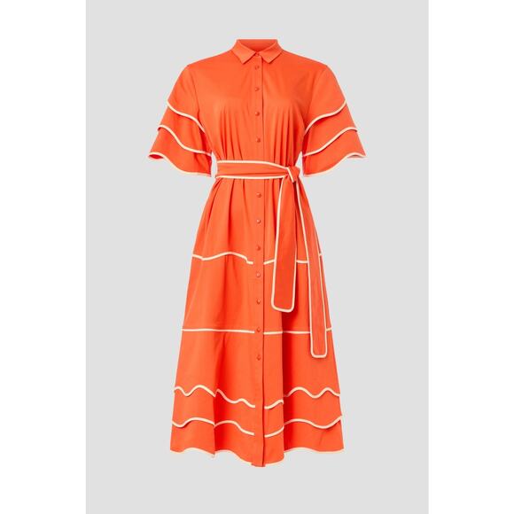 Alexis Rhodes Orange Short Sleeve Belted Tie Waist Midi Shirt Dress Size Large - Picture 5 of 16